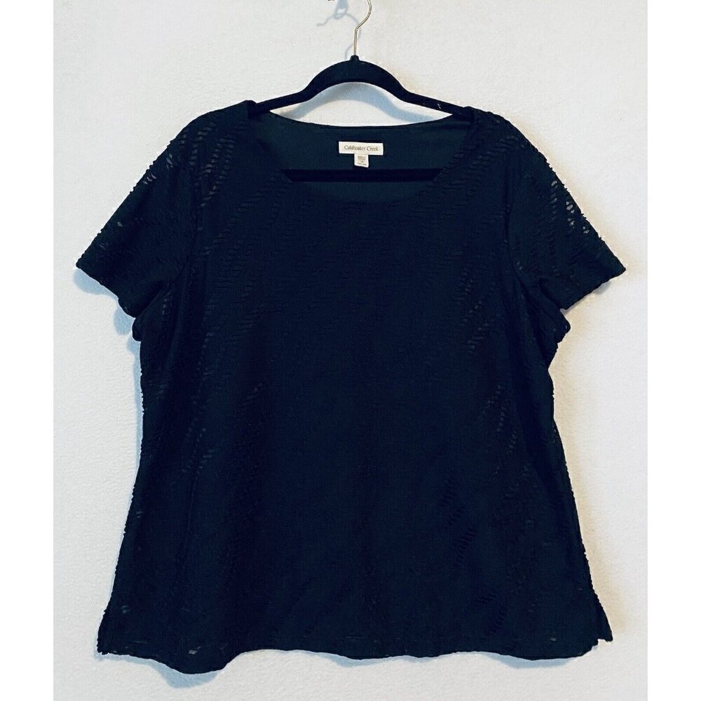 Coldwater Creek Top Womens 1X Black Open Knit Lined Stretchy Short Sleeve Boho